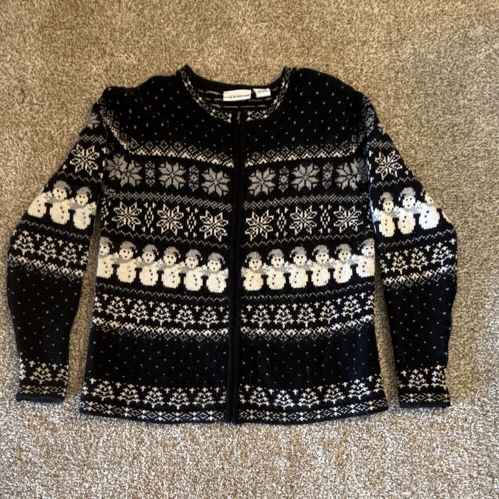 Croft & Barrow Women’s S Black White Fair Isle Snowman Full Zip Cardigan